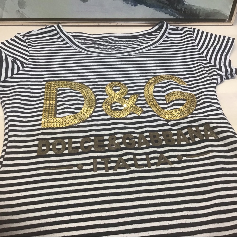 Vintage Y2K, Dolce & Gabbana Navy Striped Tee with Embroidered Gold Sequins